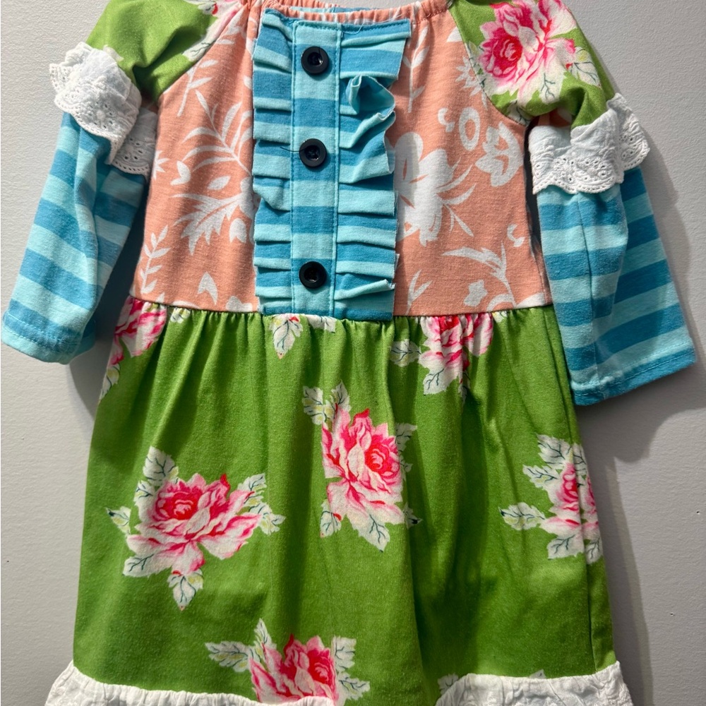 Conice Co Floral Green and Blue Girls Ruffled 2 PC Pant Set, Size XS